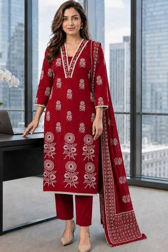women ethnic motifs printed regular mirror work  cotton kurta with trousers & with dupatta