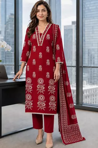 women ethnic motifs printed regular mirror work  cotton kurta with trousers & with dupatta