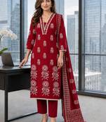 women ethnic motifs printed regular mirror work  cotton kurta with trousers & with dupatta