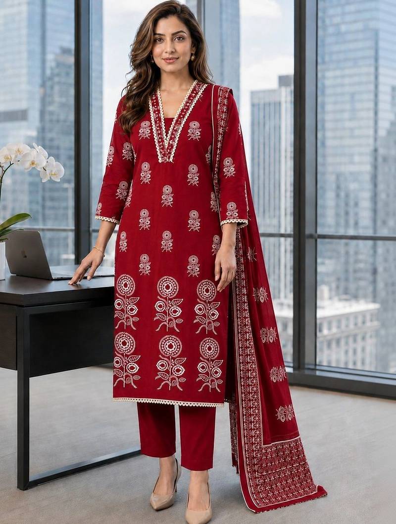 women ethnic motifs printed regular mirror work  cotton kurta with trousers & with dupatta