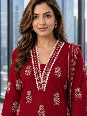 women ethnic motifs printed regular mirror work  cotton kurta with trousers & with dupatta 2