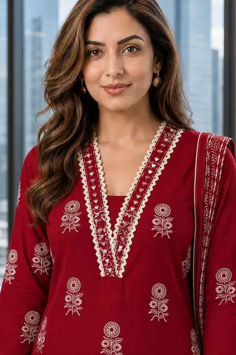 women ethnic motifs printed regular mirror work  cotton kurta with trousers & with dupatta