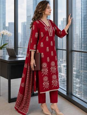 women ethnic motifs printed regular mirror work  cotton kurta with trousers & with dupatta 3