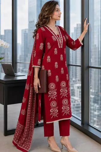 women ethnic motifs printed regular mirror work  cotton kurta with trousers & with dupatta