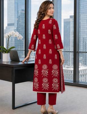 women ethnic motifs printed regular mirror work  cotton kurta with trousers & with dupatta 4