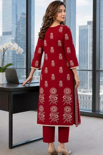 women ethnic motifs printed regular mirror work  cotton kurta with trousers & with dupatta
