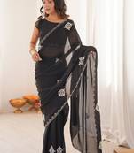 Black embellished embroidered tissue saree