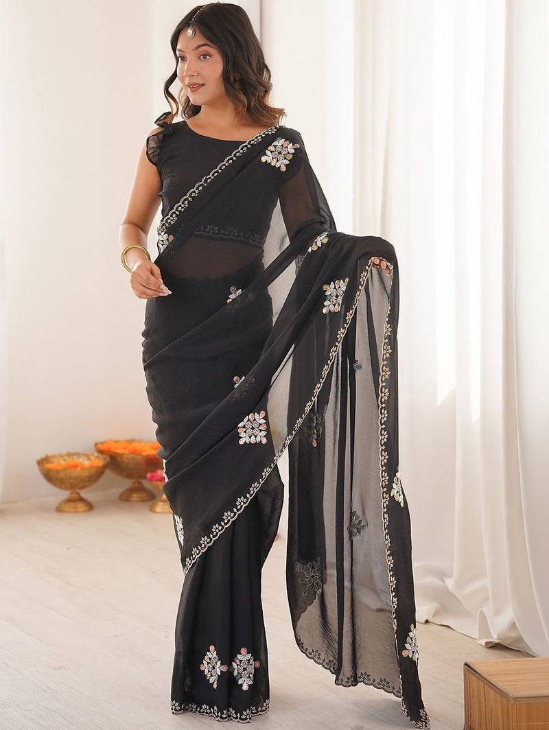 Black embellished embroidered tissue saree