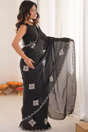 Black embellished embroidered tissue saree