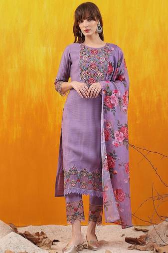 floral yoke design chanderi cotton straight kurta with trousers & dupatta