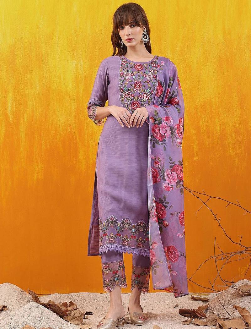 floral yoke design chanderi cotton straight kurta with trousers & dupatta