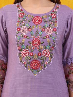 floral yoke design chanderi cotton straight kurta with trousers & dupatta 2