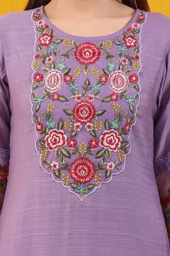 floral yoke design chanderi cotton straight kurta with trousers & dupatta