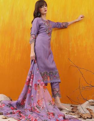 floral yoke design chanderi cotton straight kurta with trousers & dupatta 3