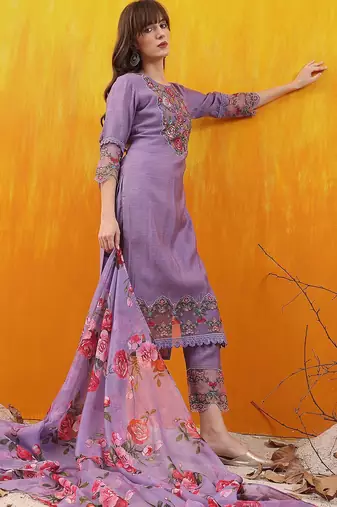 floral yoke design chanderi cotton straight kurta with trousers & dupatta