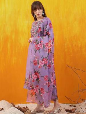 floral yoke design chanderi cotton straight kurta with trousers & dupatta 4