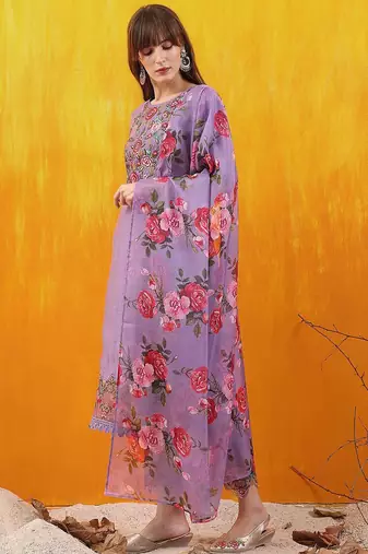 floral yoke design chanderi cotton straight kurta with trousers & dupatta