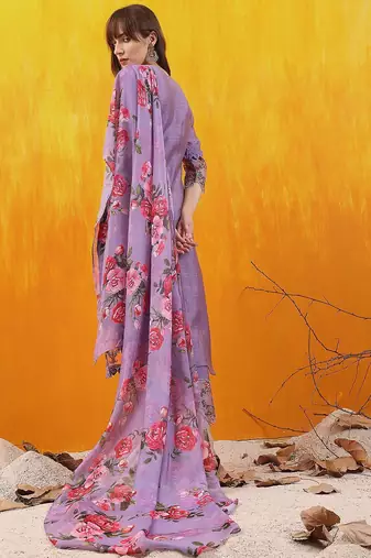 floral yoke design chanderi cotton straight kurta with trousers & dupatta