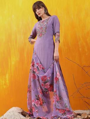 floral yoke design chanderi cotton straight kurta with trousers & dupatta 6