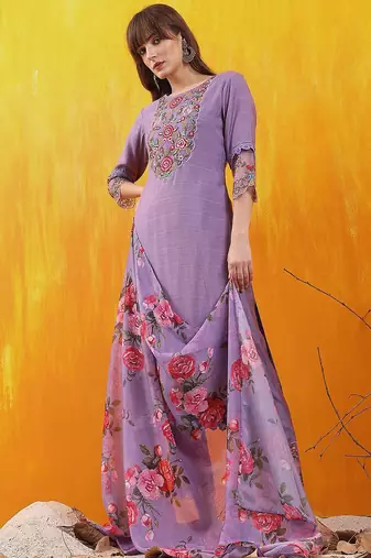 floral yoke design chanderi cotton straight kurta with trousers & dupatta