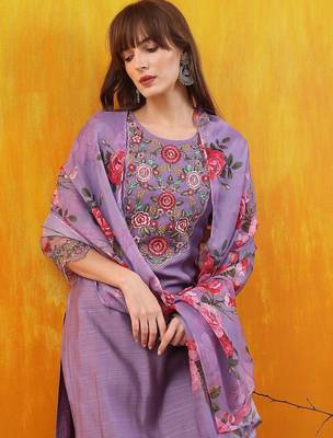 floral yoke design chanderi cotton straight kurta with trousers & dupatta 7