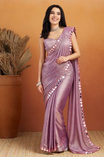 Shoulder pre-pleated solid two-tone pure chiffon ready to wear saree with aari work