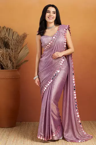 Shoulder pre-pleated solid two-tone pure chiffon ready to wear saree with aari work