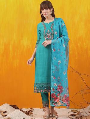 floral embroidered thread work chanderi cotton kurta with trousers & dupatta 1