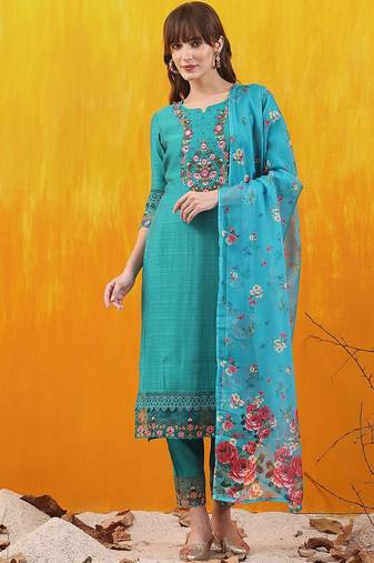 floral embroidered thread work chanderi cotton kurta with trousers & dupatta