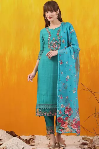 floral embroidered thread work chanderi cotton kurta with trousers & dupatta