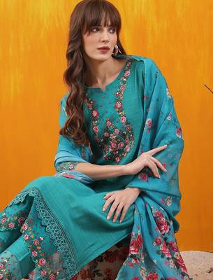 floral embroidered thread work chanderi cotton kurta with trousers & dupatta 2