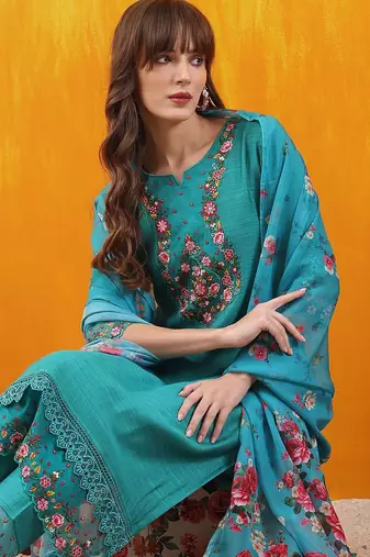 floral embroidered thread work chanderi cotton kurta with trousers & dupatta