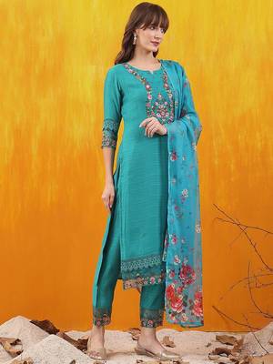floral embroidered thread work chanderi cotton kurta with trousers & dupatta 3