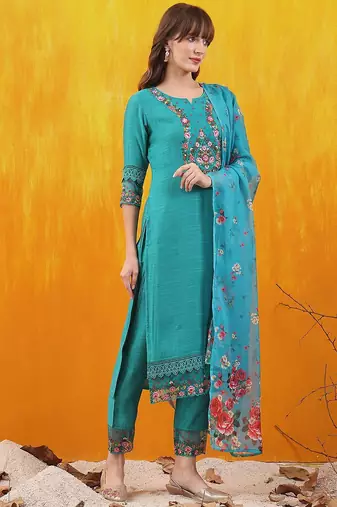 floral embroidered thread work chanderi cotton kurta with trousers & dupatta