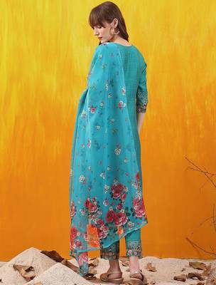 floral embroidered thread work chanderi cotton kurta with trousers & dupatta 4