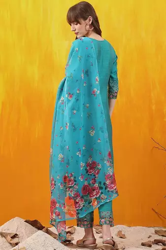 floral embroidered thread work chanderi cotton kurta with trousers & dupatta