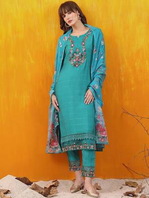 floral embroidered thread work chanderi cotton kurta with trousers & dupatta 5
