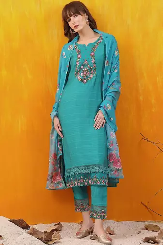 floral embroidered thread work chanderi cotton kurta with trousers & dupatta