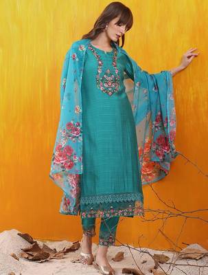 floral embroidered thread work chanderi cotton kurta with trousers & dupatta 6