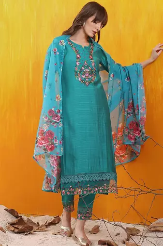 floral embroidered thread work chanderi cotton kurta with trousers & dupatta