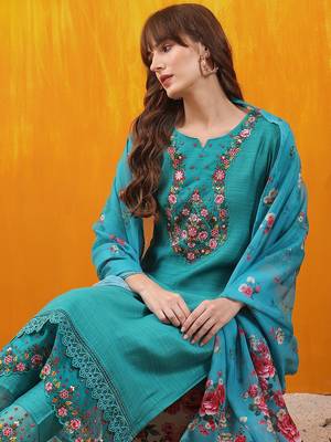 floral embroidered thread work chanderi cotton kurta with trousers & dupatta 7