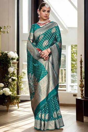Turquoise woven design organza banarasi saree