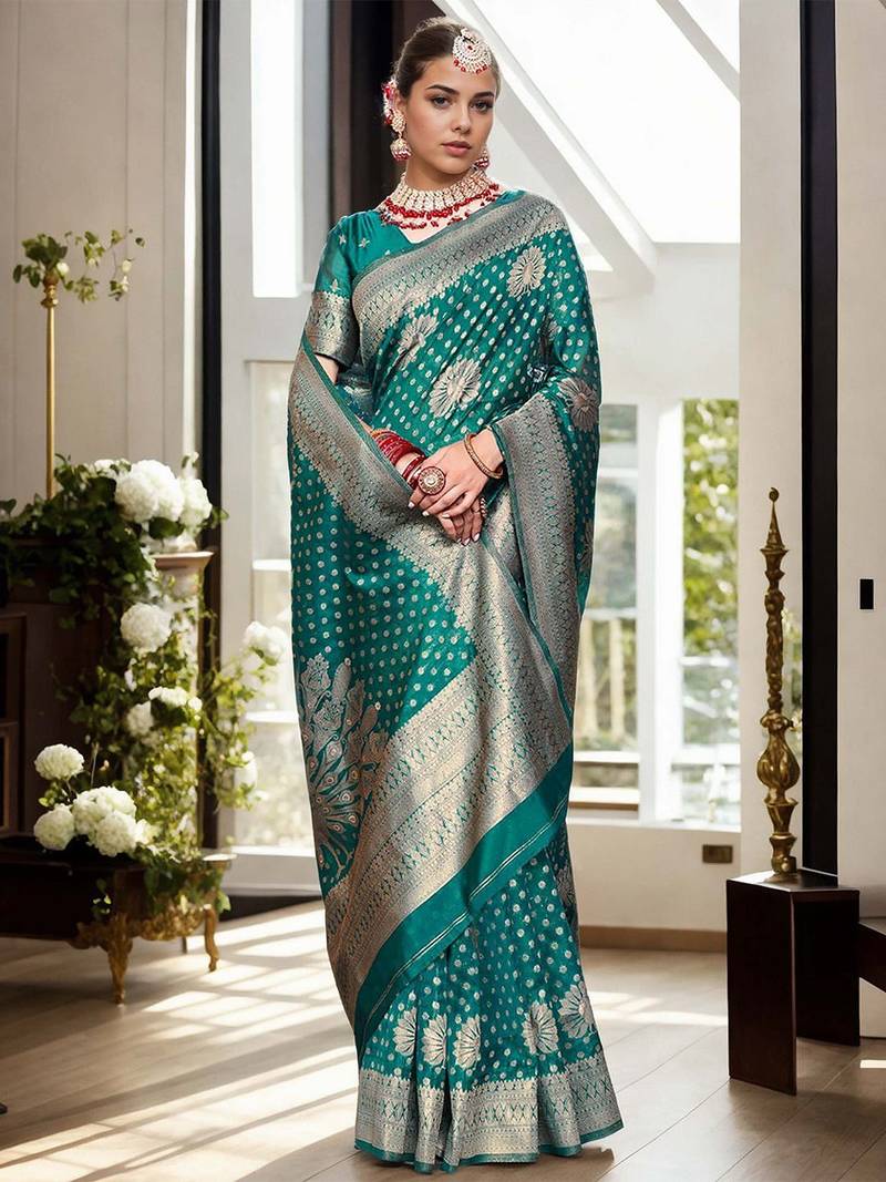 Turquoise woven design organza banarasi saree