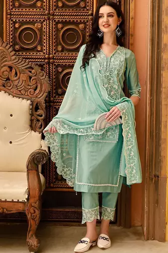 women ethnic motifs embroidered regular thread work kurta with trousers & with dupatta
