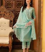 women ethnic motifs embroidered regular thread work kurta with trousers & with dupatta
