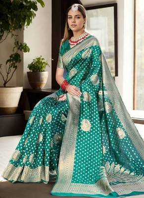 Turquoise woven design organza banarasi saree 3