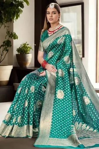 Turquoise woven design organza banarasi saree