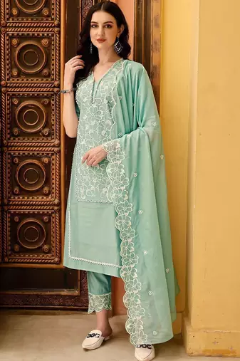 women ethnic motifs embroidered regular thread work kurta with trousers & with dupatta