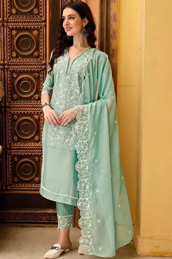 women ethnic motifs embroidered regular thread work kurta with trousers & with dupatta