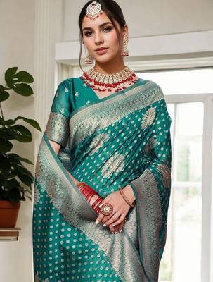Turquoise woven design organza banarasi saree 4
